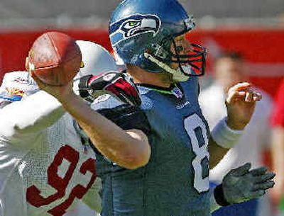 
Seahawks quarterback Matt Hasselbeck suffered through a horrible day against the Arizona Cardinals on Sunday.
 (Associated Press / The Spokesman-Review)