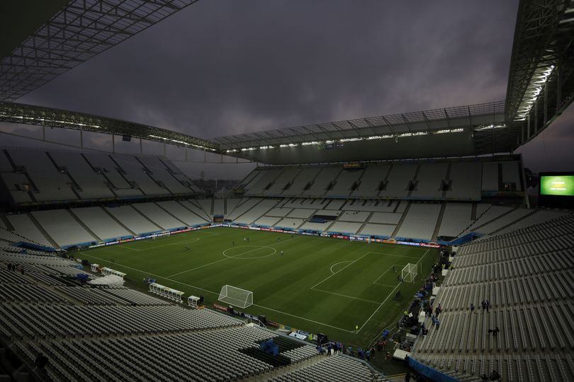 General view at the Itaquerao Stadium during an official training session the day before the group A World Cup soccer match between Brazil and Croatia in the Itaquerao Stadium, Sao Paulo, Brazil, Wednesday, June 11, 2014. (Felipe Dana / Associated Press)