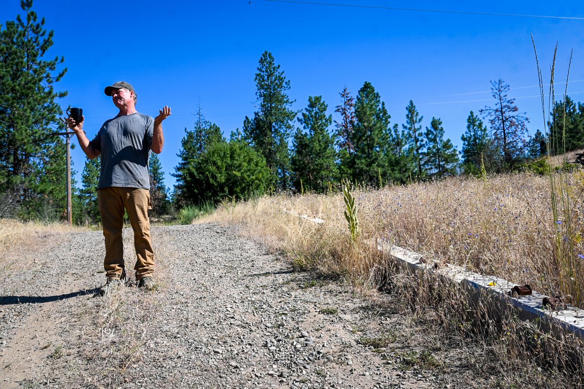 Brandon Ward on July 27 stands next to his neighbor’s property, at right, west of Nine Mile Falls. His neighbor, Donald Bailey, uses the property for numerous types of storage that Ward says puts Bailey in violation of Spokane County code.  (Dan Pelle/The Spokesman-Review)