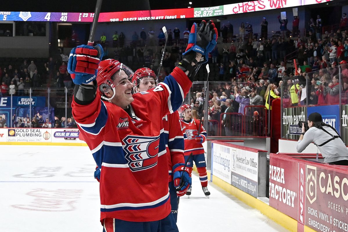 Spokane Chiefs defenseman Saige Weinstein (44) celebrates after the Western Conference semi finals game against the Victoria Royals on Tuesday, April. 22, 2025 at Spokane Arena in Spokane WA.  (James Snook)