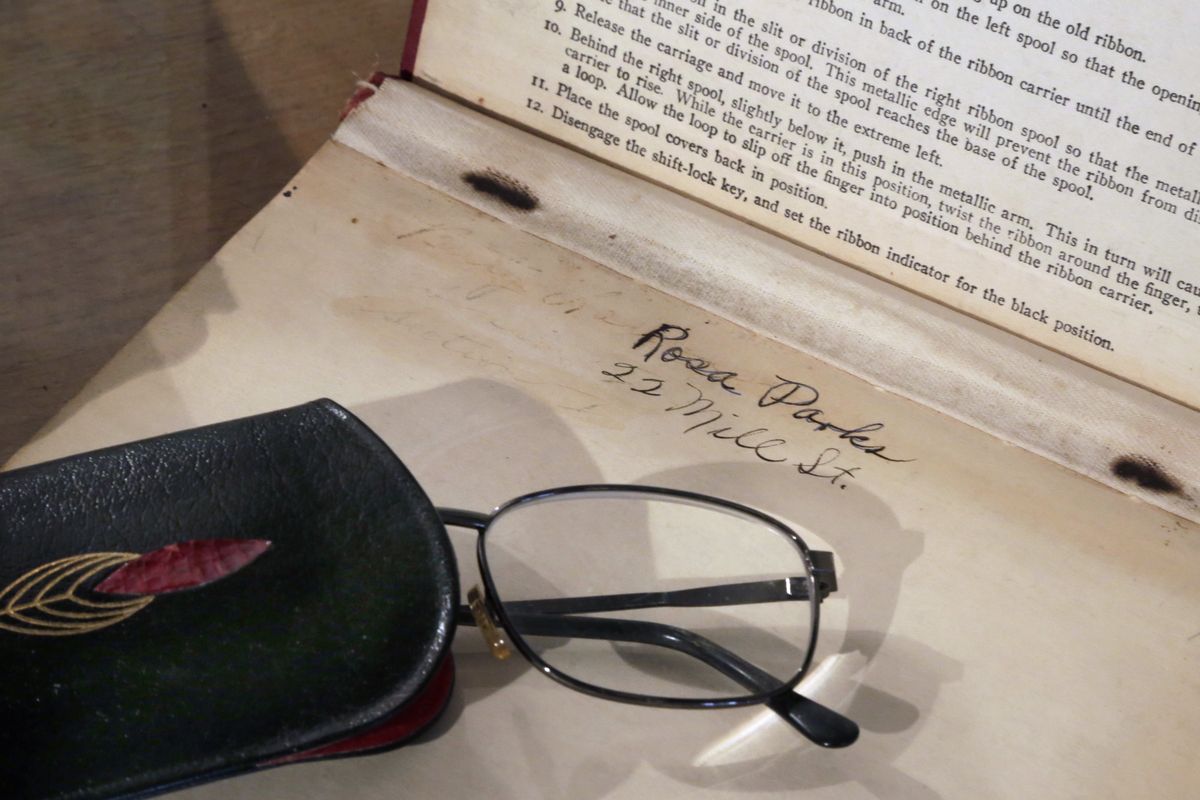 A pair of eyeglasses and a typing textbook are among items that belonged to Rosa Parks now housed at a New York warehouse. (Associated Press)