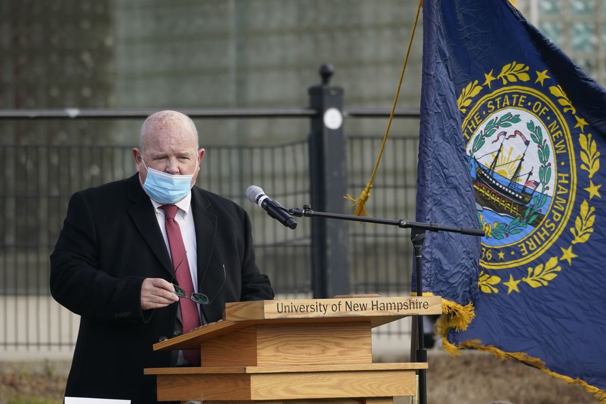 In this Dec. 2, 2020 photo, New Hampshire House Speaker Dick Hinch speaks during an outdoor legislative session at the University of New Hampshire in Durham, N.H. Hinch died, Wednesday, Dec. 9, 2020, just a week after he was sworn in as leader of the state