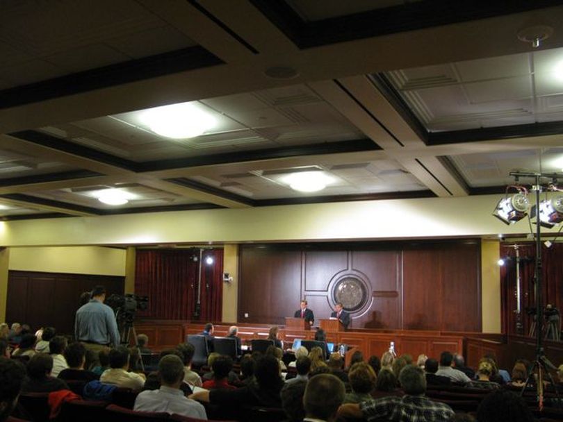 Stan Olson and Tom Luna, candidates for state superintendent of schools, debate in front of a live audience in the Idaho Capitol Auditorium on Tuesday night (Betsy Russell)