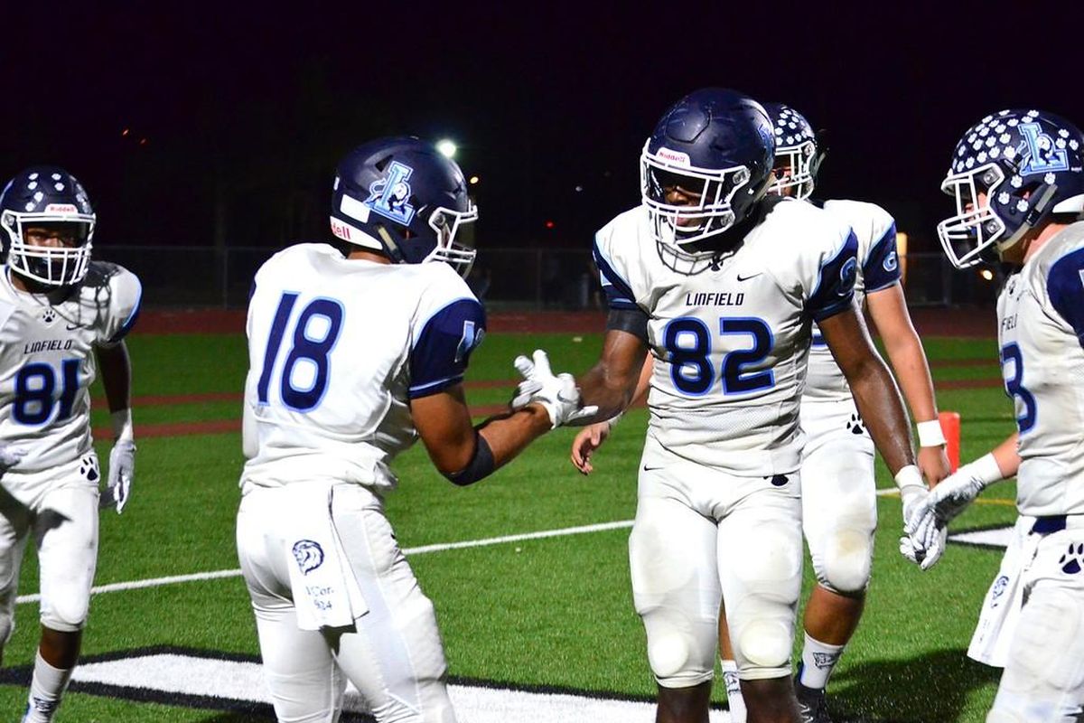 Travion Brown celebrates a touchdown during high school game for Linfield Christian against Lakeside. (Linfield Christian / Courtesy)