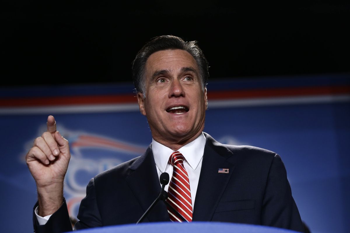 Republican presidential candidate, former Massachusetts Gov. Mitt Romney speaks at a Colorado Conservative Political Action Committee (CPAC) meeting in Denver, Thursday, Oct. 4, 2012. (Charles Dharapak / Associated Press)