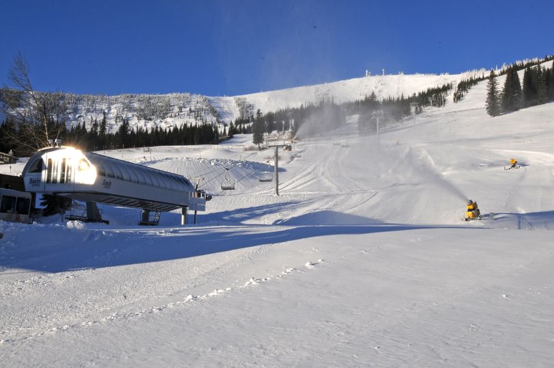 Snowmaking equipment fills in the runs on Nov. 20, 2013, as Schweitzer Mountain Resort prepares for a Nov. 23 opening of its skiing season. (courtesy)