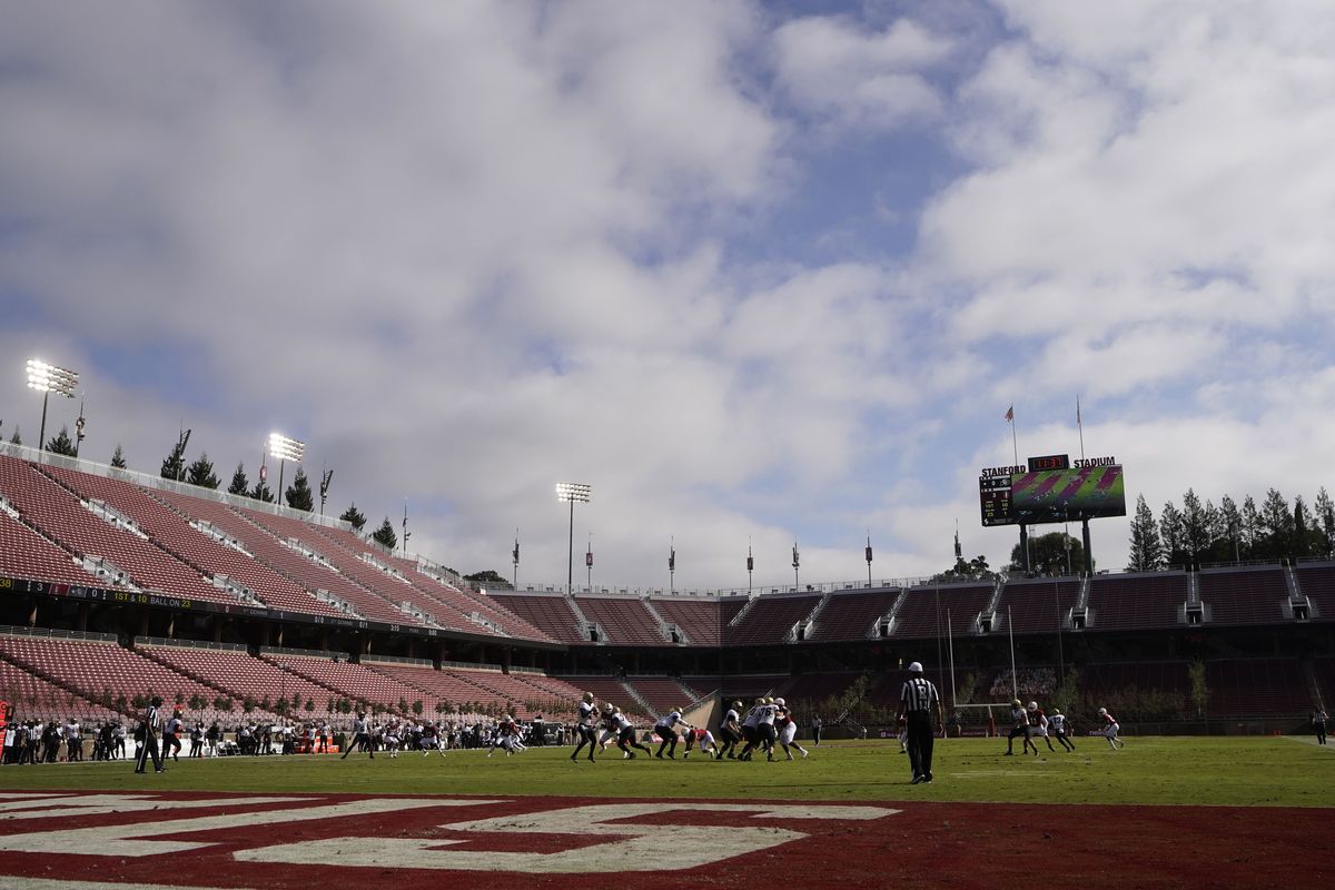 Empty seats at Stanford Stadium are shown during the first half of an NCAA college football game between Stanford and Colorado in Stanford, Calif., Saturday, Nov. 14, 2020.  (Associated Press)