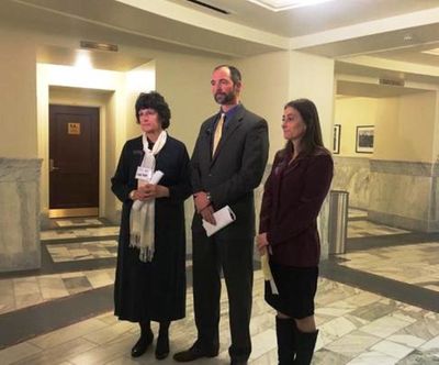 Reps. Judy Boyle, Sage Dixon and Heather Scott at the Idaho state Capitol Tuesday, explaining their reasons for visiting armed occupier at the Malheur Wildlife Refuge near Burns, Ore. (AP / Kimberlee Kruesi)