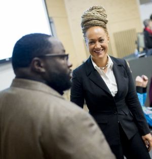 In this Jan. 19, 2015, SR file photo, Rachel Dolezal, then Spokane's newly elected NAACP President, smiles as she meets with Joseph M. King of King's Consulting. (Tyler Tjomsland/SR file photo)