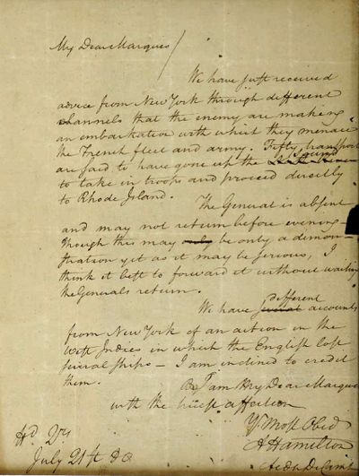 A 1780 letter from Alexander Hamilton to the Marquis de Lafayette, that was stolen from the Massachusetts Archives decades ago is shown in federal court as part of a forfeiture complaint by the U.S. attorney’s office in Boston.  (HOGP)