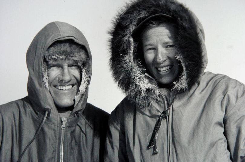 Barbara Washburn, right, poses with her husband, Bradford Washburn during the 1947 Alaska expedition on which she became the first woman to climb Mount McKinley.  