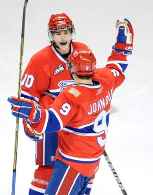 Hero of the night Blake Gal (above) celebrates one of his goals with Tyler Johnson, below, during the matchup between the Spokane Chiefs and the Calgary Hitmen Wednesday, Oct. 20, 2010 at the Spokane Arena. (Jesse Tinsley / The Spokesman-Review)
