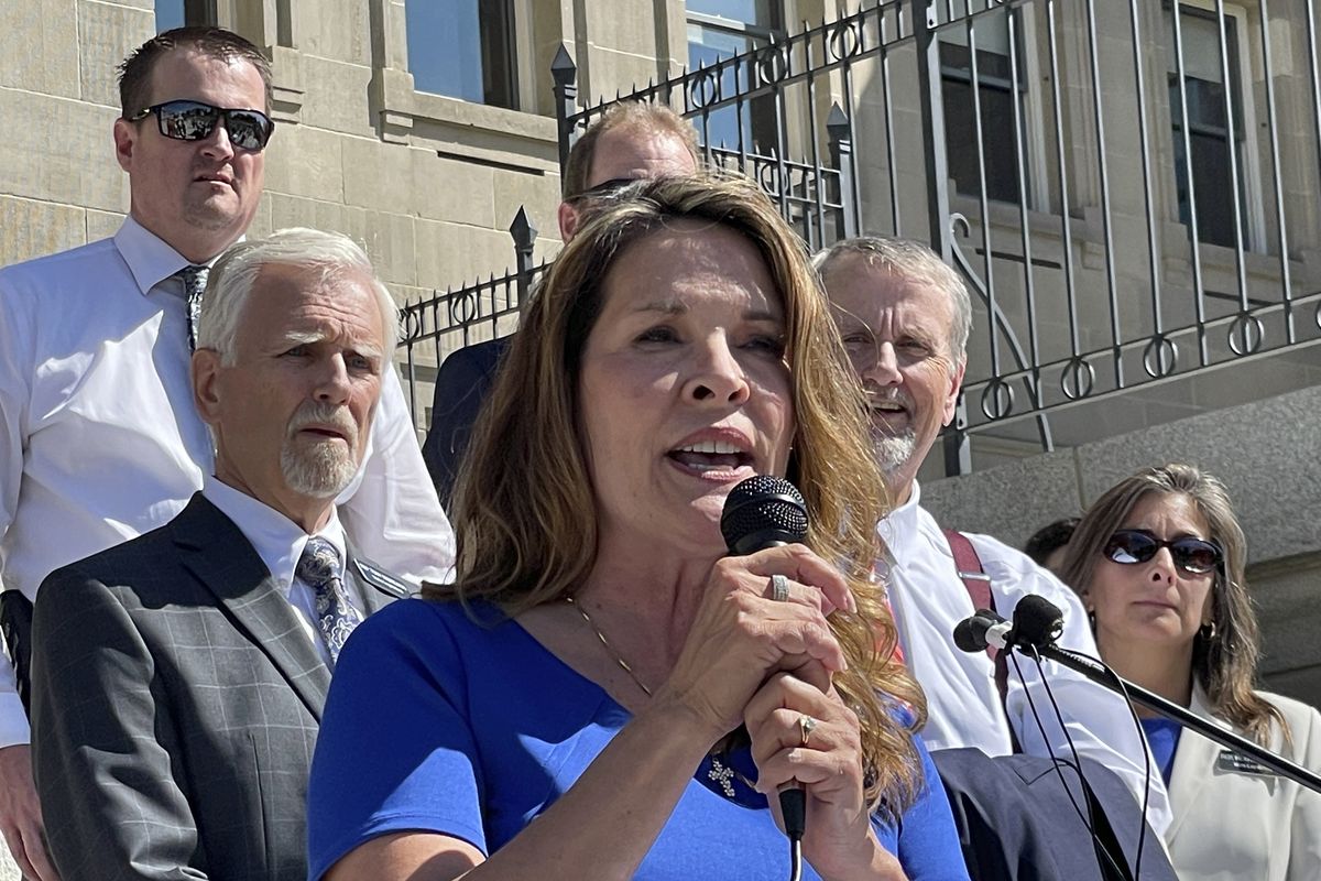 Idaho Lt. Gov. Janice McGeachin speaks at a rally Sept. 15 on the Statehouse steps in Boise. (Associated Press)