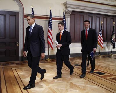 President Barack Obama, followed by Treasury Secretary Tim Geithner, center, and Budget Director Peter Orszag, leaves after announcing his fiscal 2010 federal budget Thursday, Feb. 26, 2009, in the Eisenhower Executive Office Building on the White House campus in Washington.  (Associated Press)
