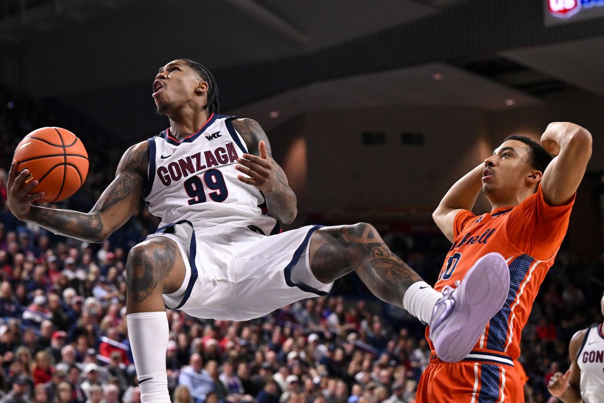 during the first half of a college basketball game on Saturday, Dec. 21, 2024, at McCarthey Athletic Center in Spokane, Wash.  (Tyler Tjomsland/The Spokesman-Review)