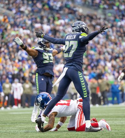 Seattle Seahawks' Tariq Woolen successfully defends the pass to New York Giants' Wan'Dale Robinson inside the 10 on third down, in the third quarter, leaving the Giants fourth and 7, and having to settle for a field goal on Sunday, Oct. 30, 2022 at Lumen Field in Seattle.  (Seattle Times)