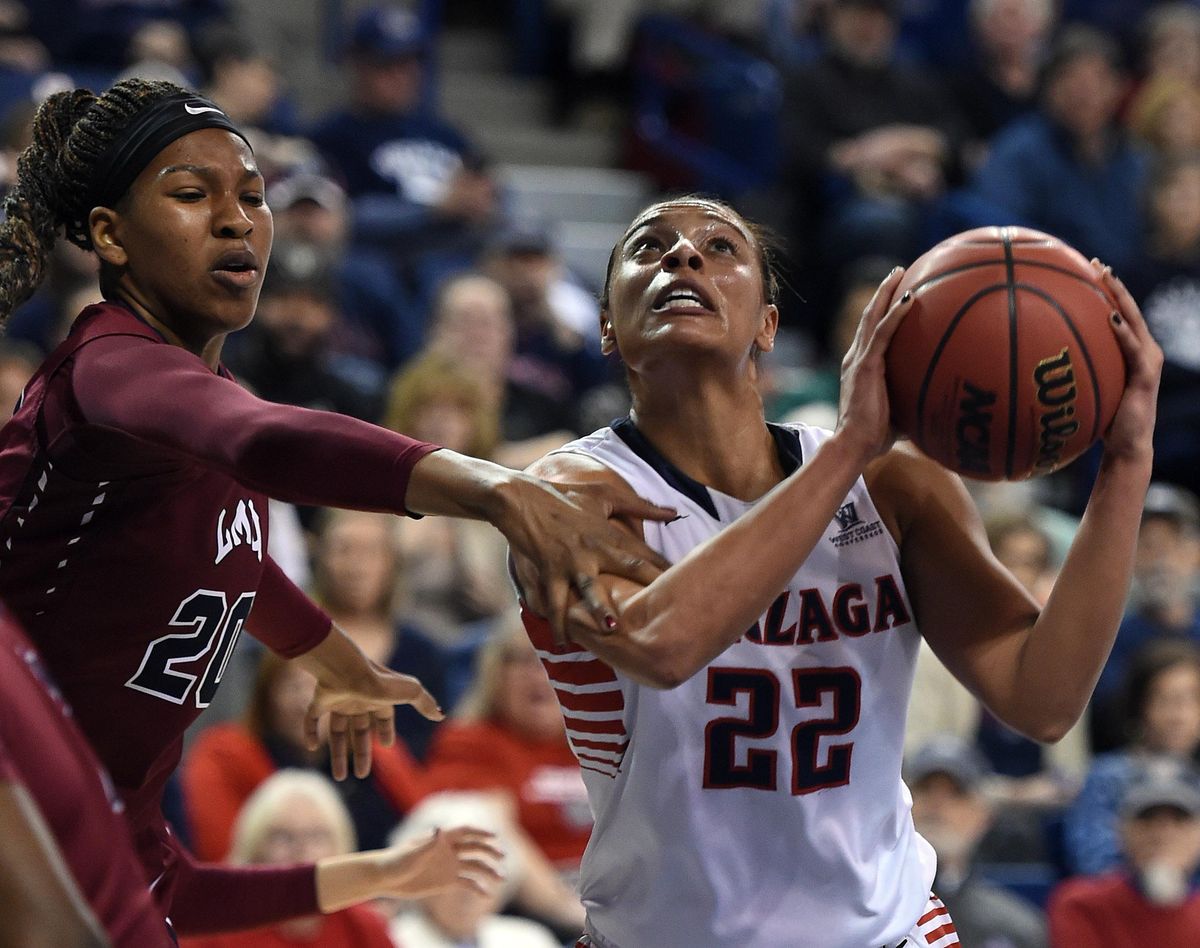 Gonzaga forward Shaniqua Nilles (22) looks to the basket as Loyola Marymount guard Sophie Taylor (20) defends during the first half of a women