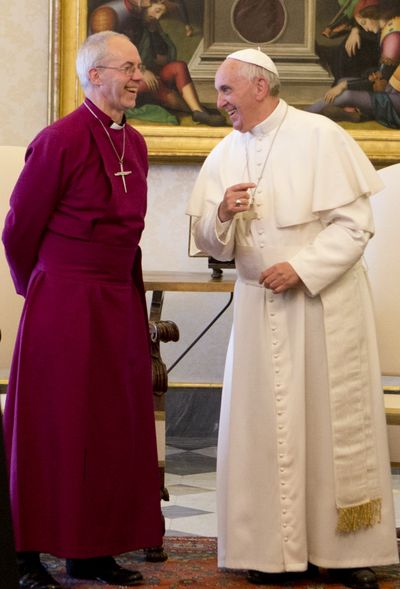 Pope Francis meets the Archbishop of Canterbury Justin Welby at the Vatican on Friday. (Associated Press)