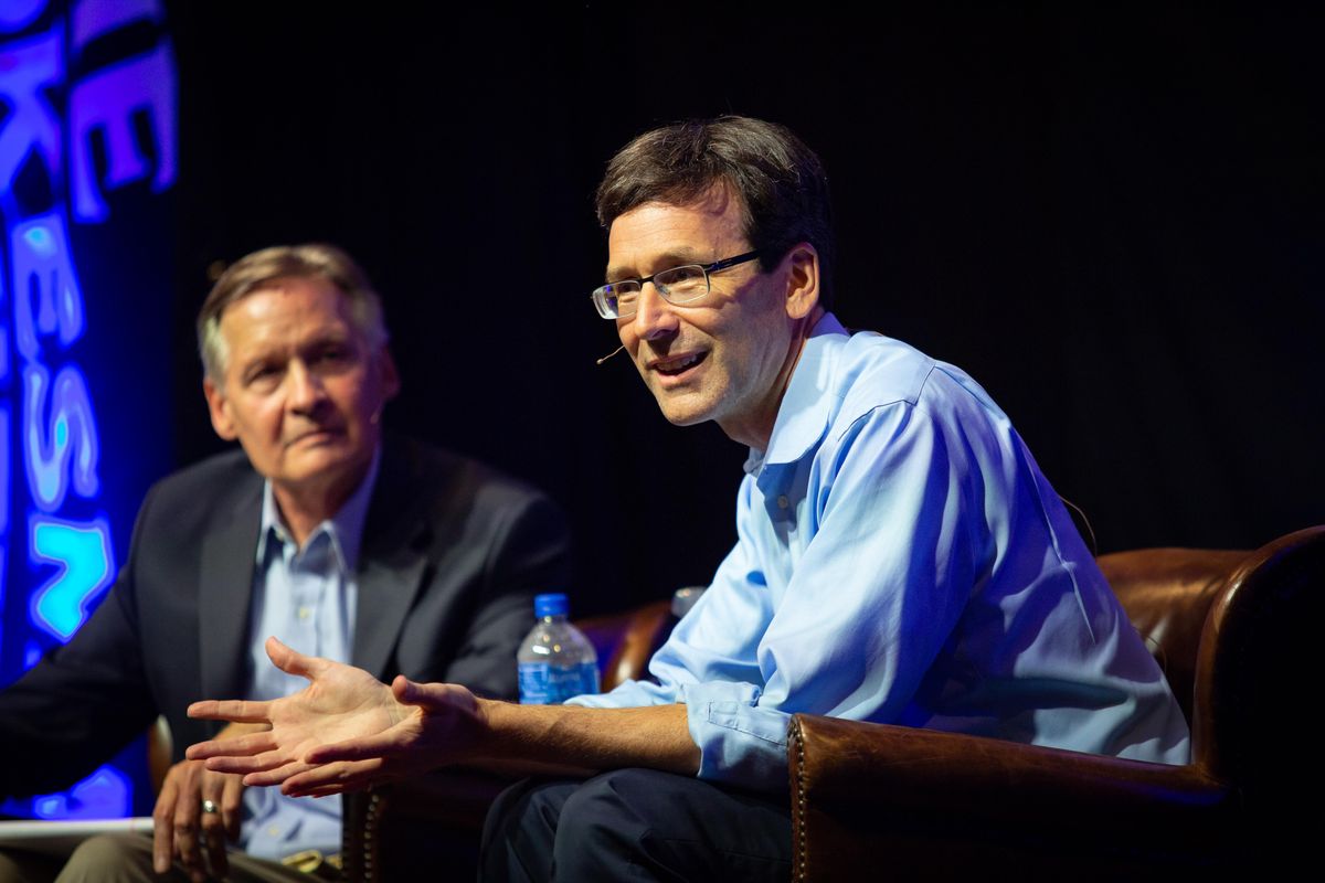 Washington Attorney General Bob Ferguson (right) speaks at a town hall moderated by The Spokesman-Review’s Jim Camden on June 12, 2019 at the Montvale Event Center. The Northwest Passages Pints & Politics event was the first of the summer and sold out. (Libby Kamrowski / The Spokesman-Review)