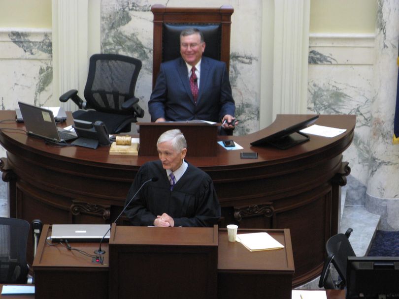 Idaho Supreme Court  Chief Justice Jim Jones addresses the House on Wednesday; behind him is House Speaker Scott Bedke, R-Oakley (Betsy Z. Russell)