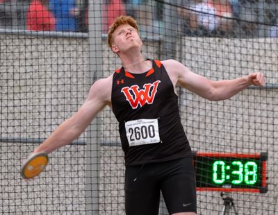 West Valley’s Cooper Henkle spins out an attempt in the 2A boys discus on Saturday at the 4A/3A/2A State Track and Field Championships at Mt. Tahoma High School in Tacoma. Henkle placed third with a throw of 165 feet, 6 inches.  (Joshua Hart/The Spokesman-Review)