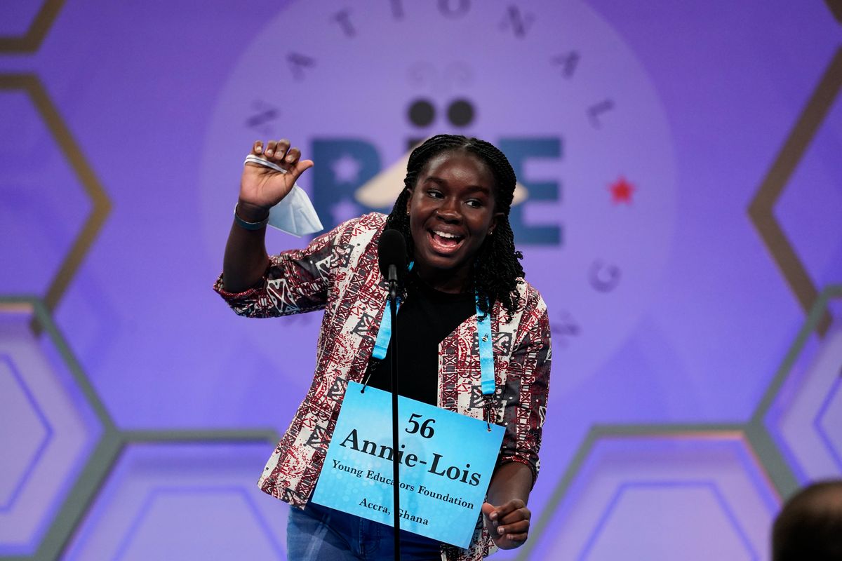 Annie-Lois Acheampong, 13, from Accra, Ghana, reacts during the Scripps National Spelling Bee on Tuesday in Oxon Hill, Md.  (Alex Brandon)