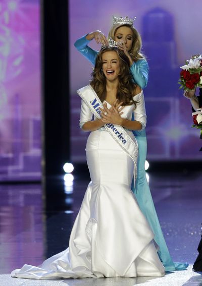 Miss Georgia Betty Cantrell is crowned Miss America 2016 by Miss America 2015 Kira Kazantsev at the 2016 Miss America pageant Sunday in Atlantic City, N.J. (Associated Press)