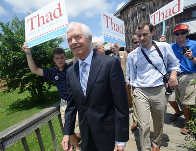 U.S. Sen. Thad Cochran leaves a pre-election day rally in Jackson, Miss., on Monday. (Associated Press)