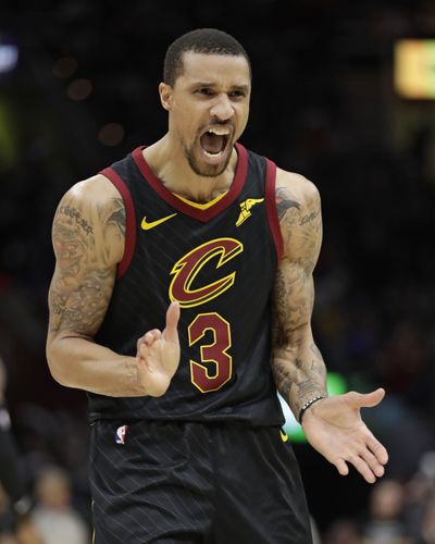 In this April 29, 2018 file photo Cleveland Cavaliers’ George Hill reacts in the second half of Game 7 of an NBA basketball first-round playoff series against the Indiana Pacers in Cleveland. Hill had a good reason to miss practice – he graduated. While his teammates were getting in a last workout before facing Boston in the Eastern Conference finals, Hill received his degree from IUPUI. Hill was one of two student speakers at the commencement ceremony. (Tony Dejak / Associated Press)