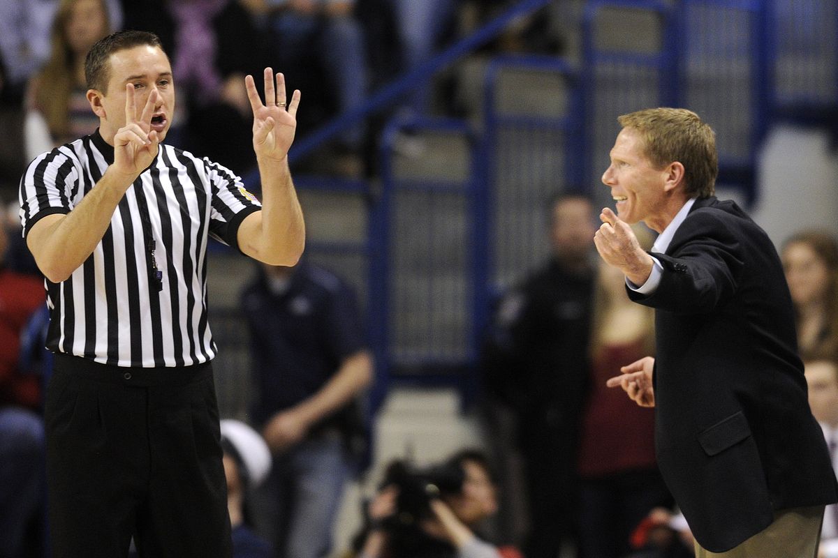 Head coach Mark Few has experience negotiating with officials during a 14-year run where he’s had 2nd-most wins all time to start a coach’s career. (Colin Mulvany)