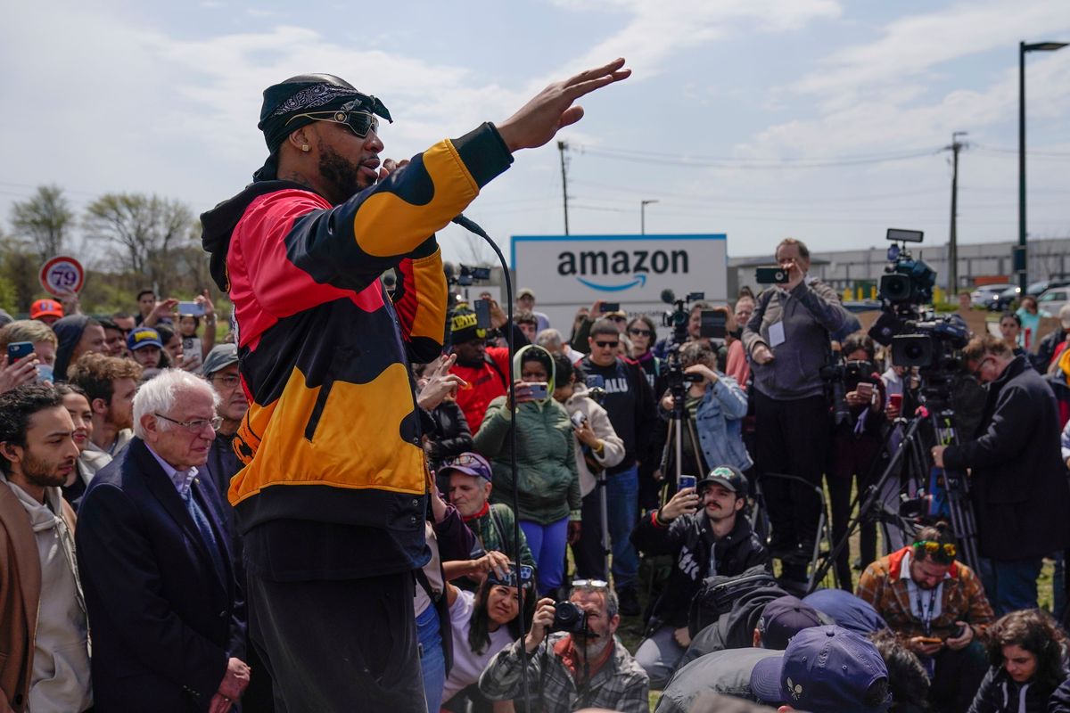 Christian Smalls, president of the Amazon Labor Union, speaks at a rally on April 24, 2022, outside an Amazon facility on Staten Island in New York.  (Associated Press )