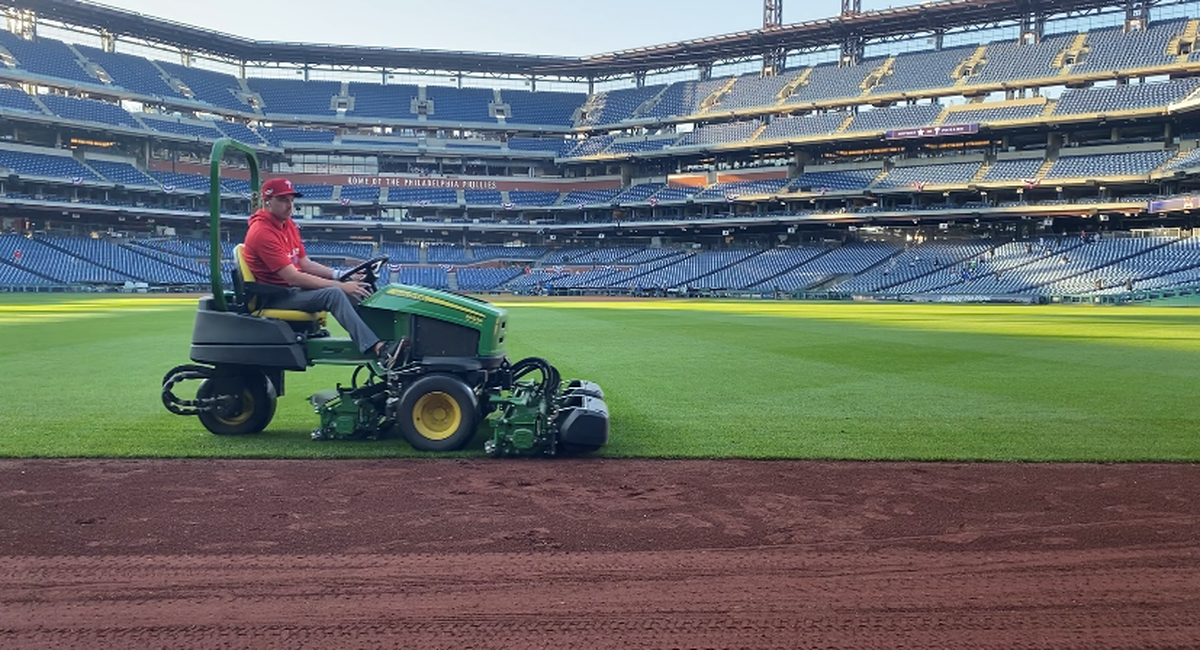 Philadelphia Phillies manager of field operations David Yearout mows the outfield on Wednesday before Game 4 of the World Series at Citizens Bank Park in Philadelphia.  (Courtesy)