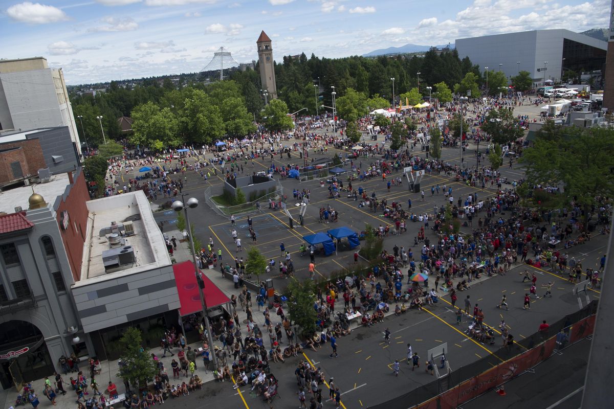Hoopfest 2016 is seen from The Parkade on Saturday, June 25, 2016, in Spokane, Wash. (Tyler Tjomsland / The Spokesman-Review)