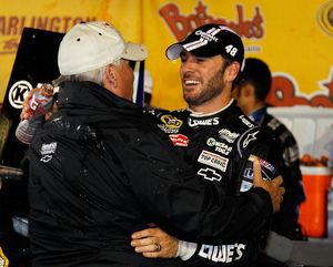 Jimmie Johnson, driver of the No. 48 Lowe's/Kobalt Tools Chevrolet, celebrates in Victory Lane with team owner Rick Hendrick after winning the NASCAR Sprint Cup Series Bojangles' Southern 500 at Darlington Raceway on Saturday in Darlington, S.C.. This is the 200th win for Hendrick Motorsports (Photo Credit: Todd Warshaw/Getty Images) (Todd Warshaw / Getty Images North America)