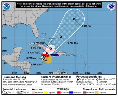 The forecast track of Hurricane Melissa on Sunday, Oct. 26, 2025, advisory from the National Hurricane Center. (National Hurricane Center/TNS)  (National Hurricane Center/TNS/TNS)