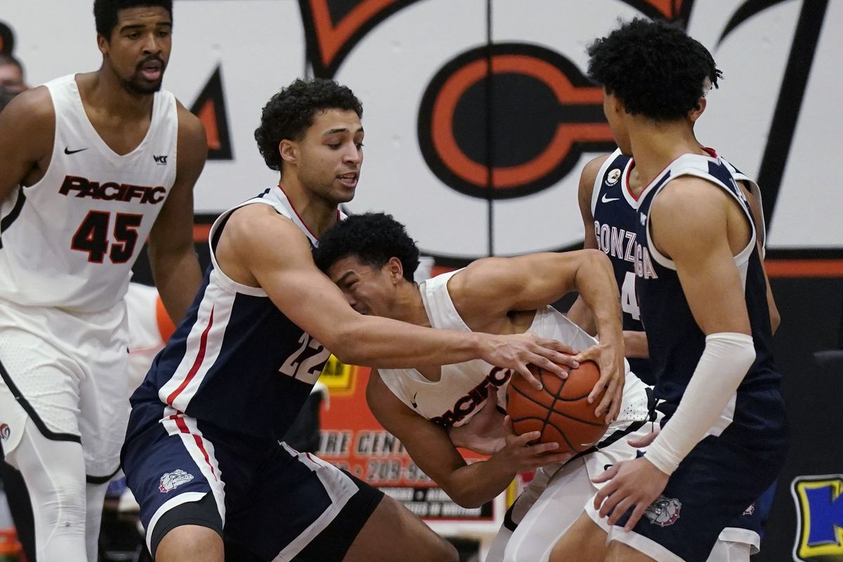 Pacific guard Pierre Crockrell II tries to protect the ball from the defense of Gonzaga forward Anton Watson during the second half on Thursday night in Stockton, Calif.  (Associated Press)