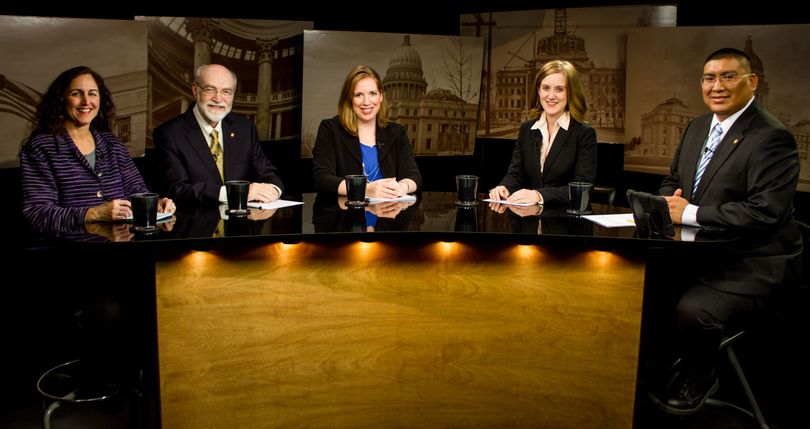 From left, Betsy Russell, Jim Weatherby, Rebecca Boone, and hosts Melissa Davlin and Aaron Kunz on Idaho Public Television's 