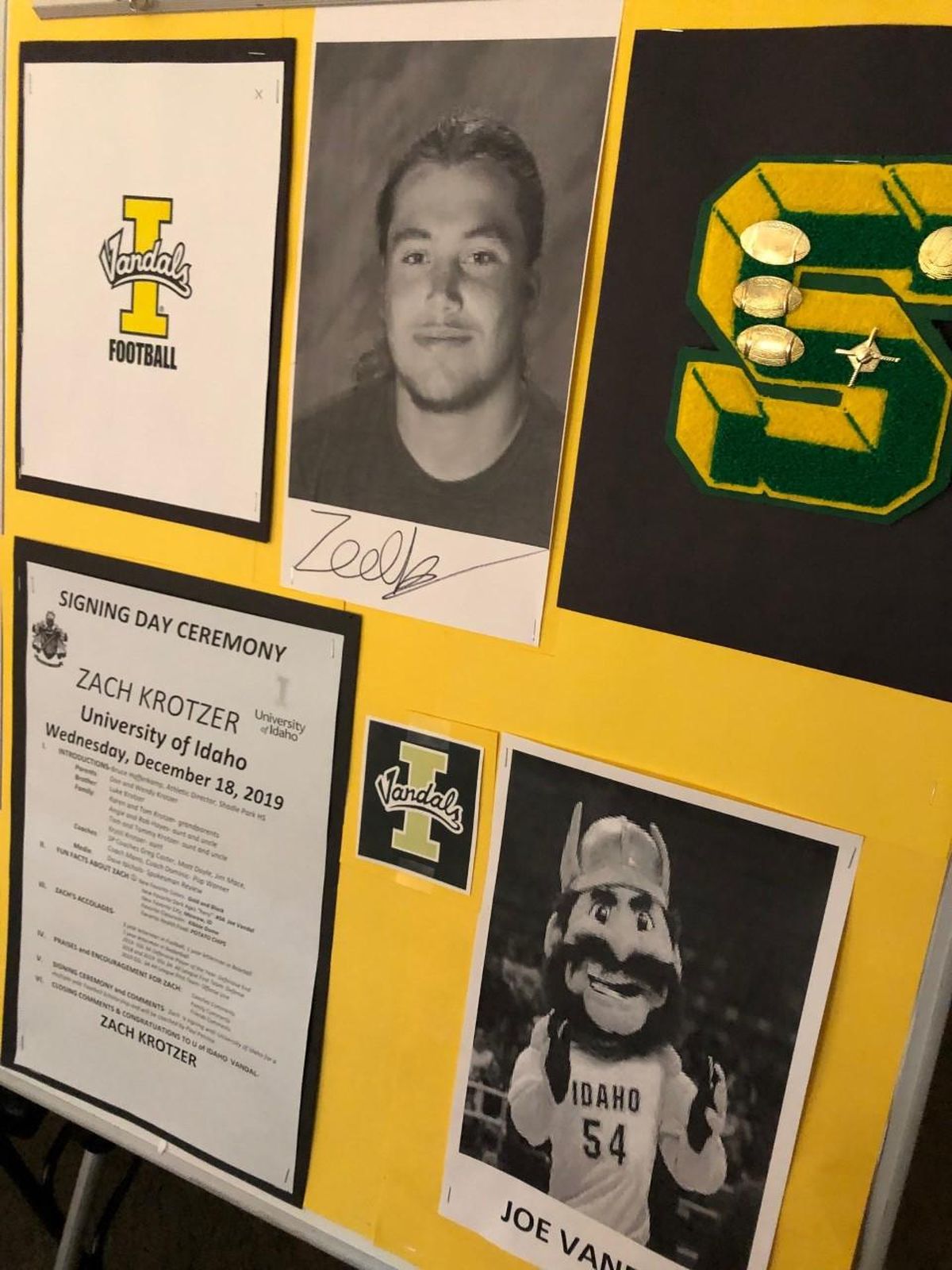 A memory board for Shadle Park senior Zach Krotzer, who signed his national letter of intent to play football at University of Idaho on Wednesday, Dec. 18, 2020 at Shadle Park High School. (Dave Nichols / The Spokesman-Review)