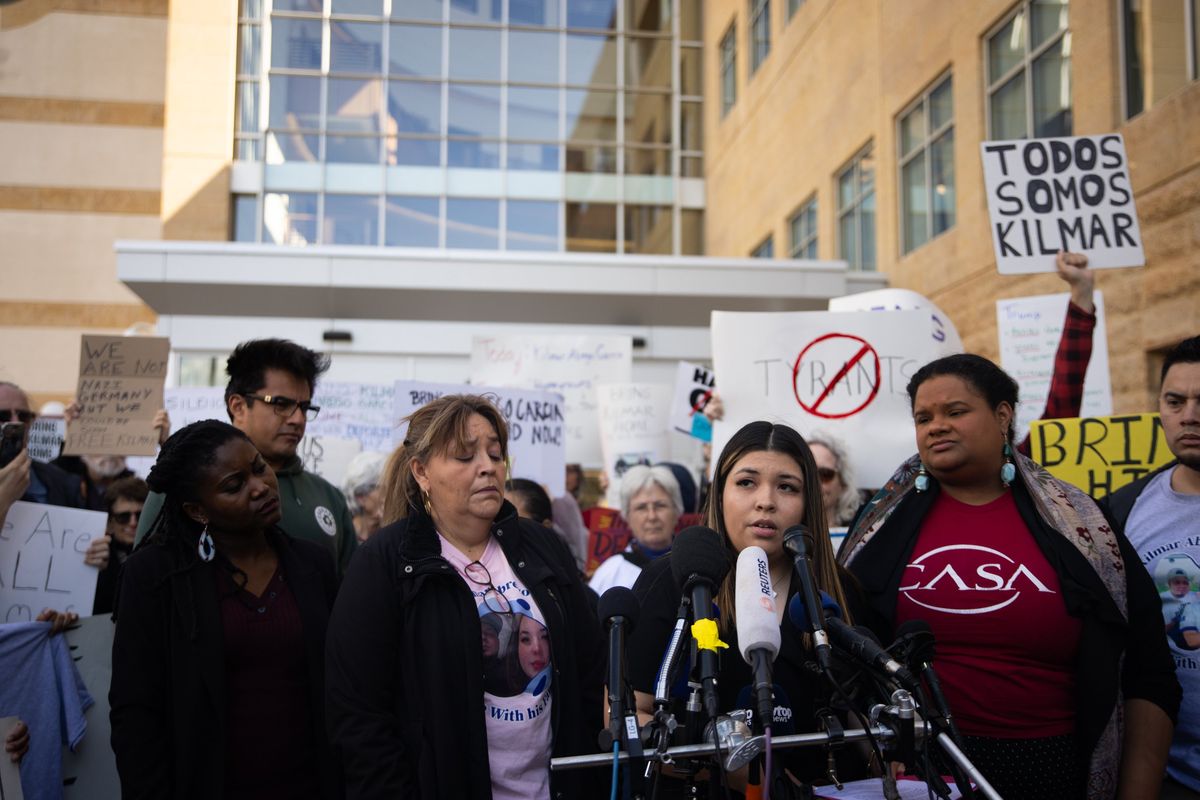 Kilmar Abrego García’s wife, Jennifer Vasquez Sura, speaks out at a rally outside the U.S. District Court for the District of Maryland before a hearing on the case. (Maansi Srivastava/for the Washington Post)