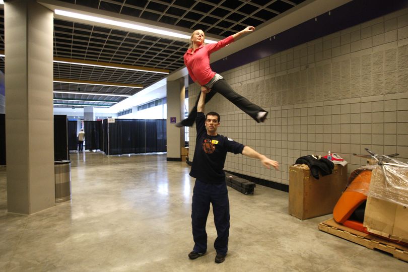 US senior pair skaters Kendra Moyle and Steven Pottenger rehearse their routine in the concourse of the Spokane Arena on Wednesday, Jan. 13, 2010, in Spokane, Wash.  The U.S. Figure Skating Championships begins Friday, Jan. 15. (Rick Bowmer / Associated Press)