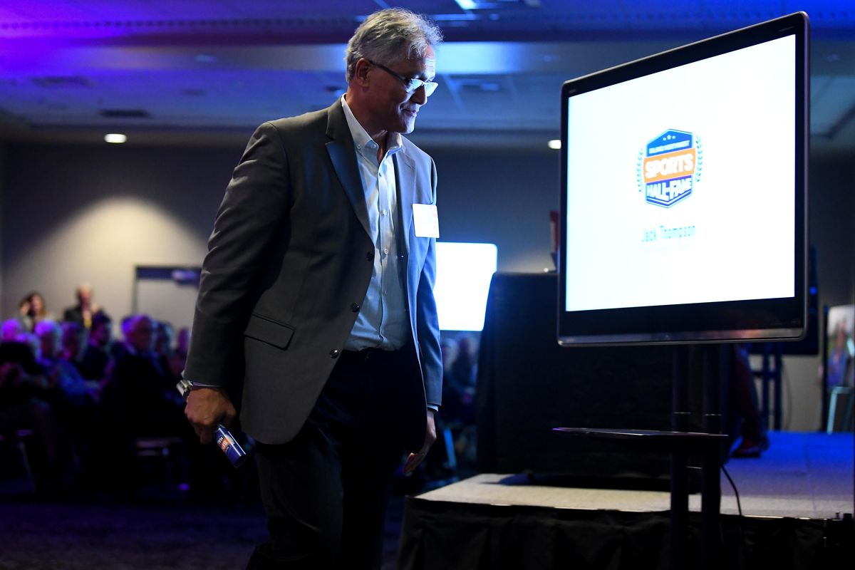 Former WSU quarterback Jack Thompson is introduced into the 2019 Inland Northwest Sports Hall of Fame Induction & Reception on Tuesday, Oct. 29, 2019, at Spokane Arena in Spokane, Wash. (Tyler Tjomsland / The Spokesman-Review)