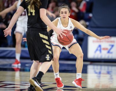 Gonzaga guard Jessie Loera digs in on defense against Idaho guard Taylor Pierce on Dec. 20, 2018, in the McCarthey Athletic Center. (Dan Pelle / The Spokesman-Review)