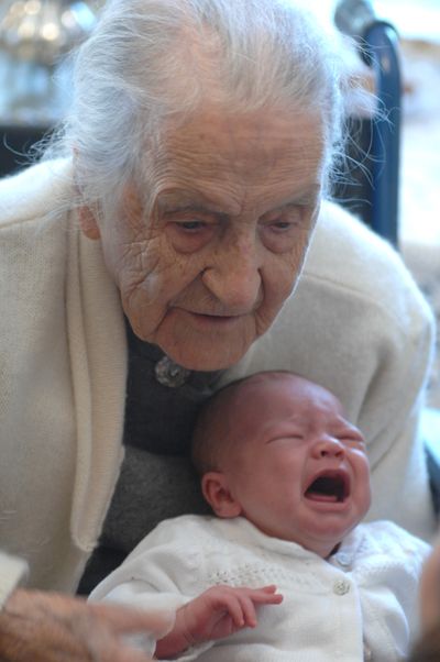 Dr. Leila Denmark celebrates her 110th birthday with her great-granddaughter in 2008. (Associated Press)