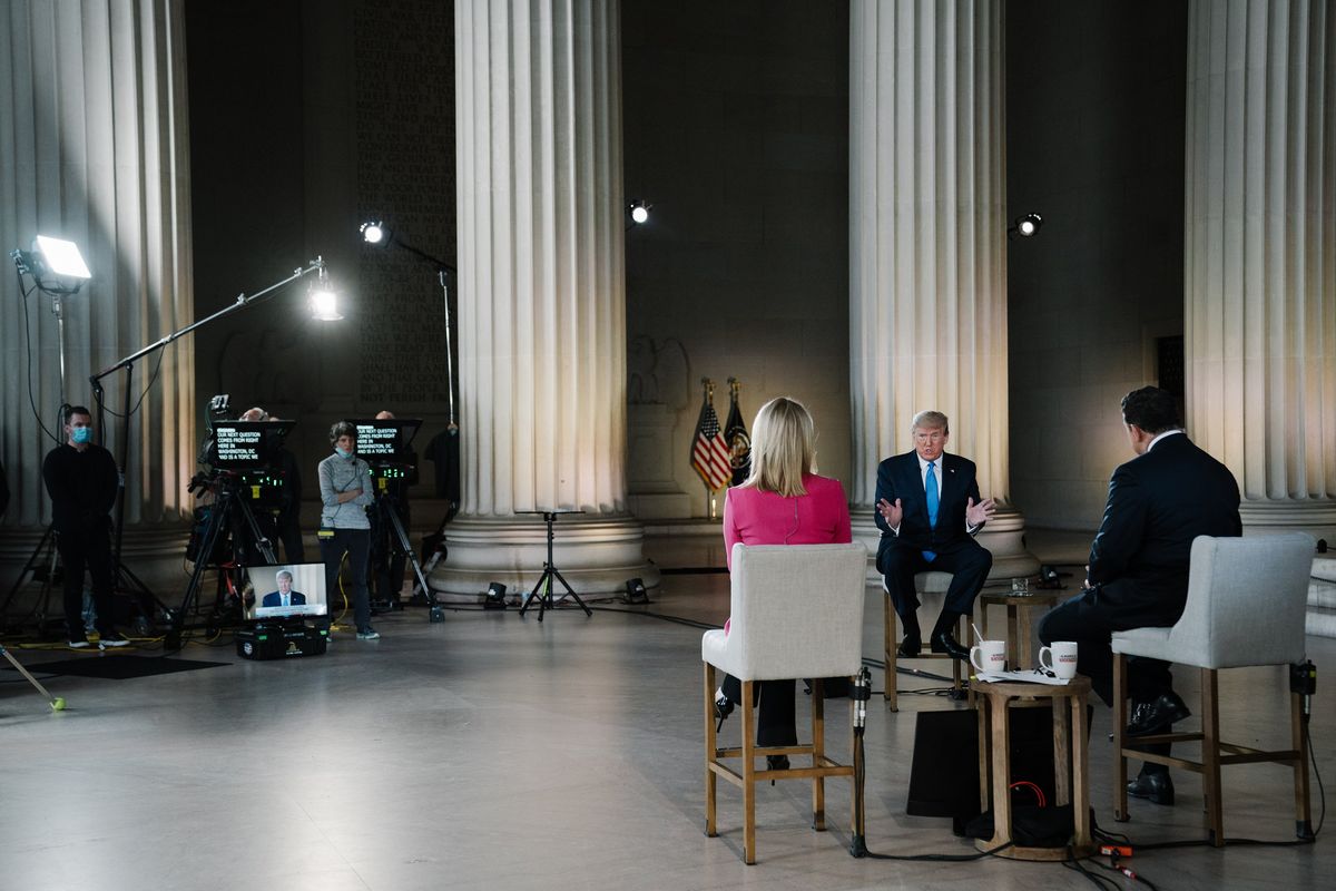 Left: Former President Donald Trump participates in a virtual town hall with Fox News at the Lincoln Memorial in Washington, D.C., on May 3, 2020.  (ANNA MONEYMAKER)
