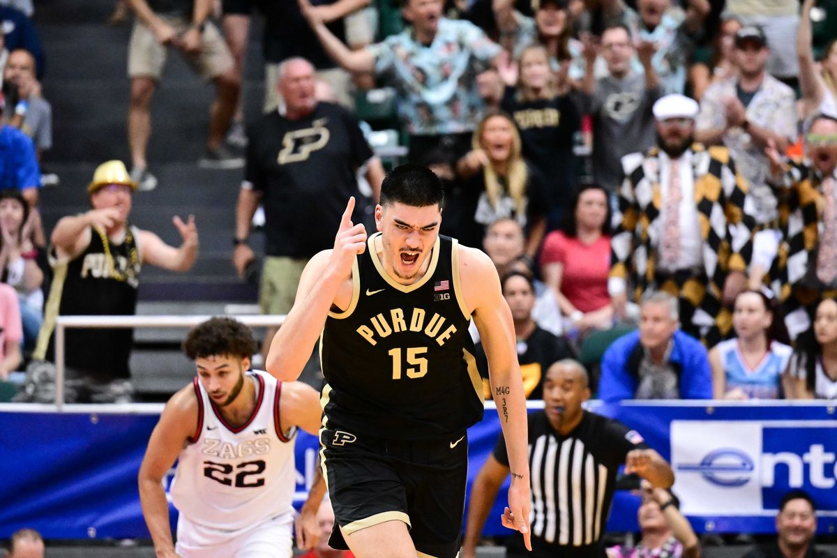 Purdue Boilermakers center Zach Edey (15) reacts after scoring against Gonzaga during the second half of a college basketball game in the Allstate Maui Invitational on Monday, Nov. 20, 2023, at SimpliFi Arena at Stan Sheriff Center in Honolulu, Hawaii. Purdue won the game 73-63.  (Tyler Tjomsland/The Spokesman-Review)