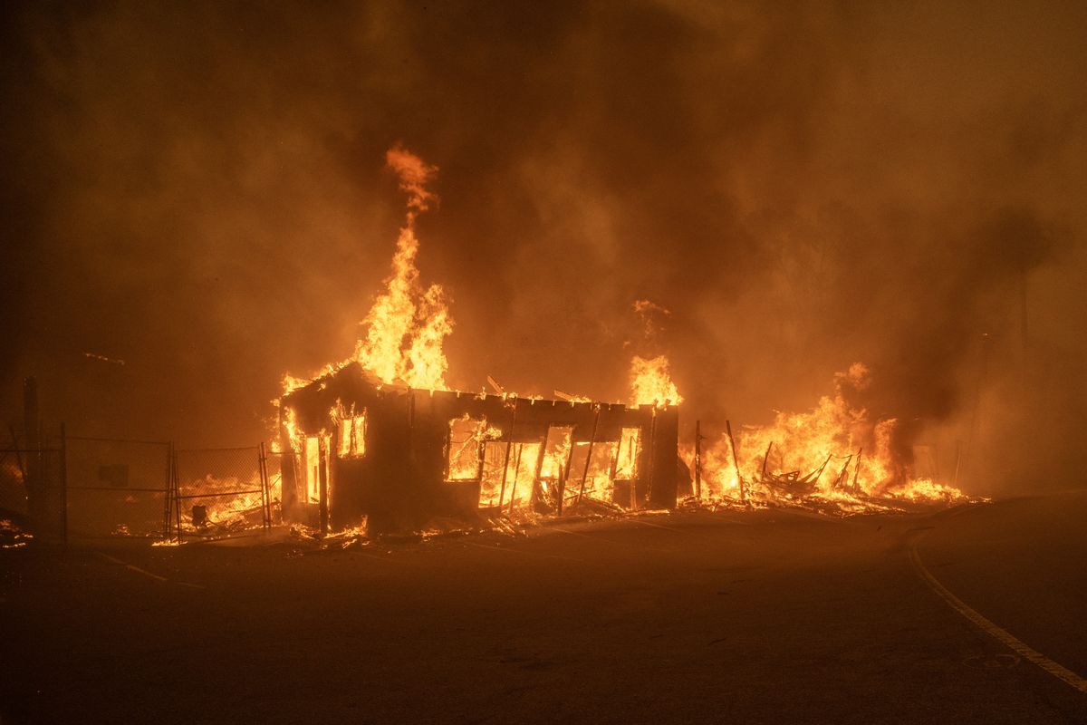 A structure burns, destroyed by The Palisades fire on Pacific Coast Highway in Malibu on Tuesday, Jan. 7, 2024.   (Hans Gutknecht/Los Angeles Daily News/TNS)