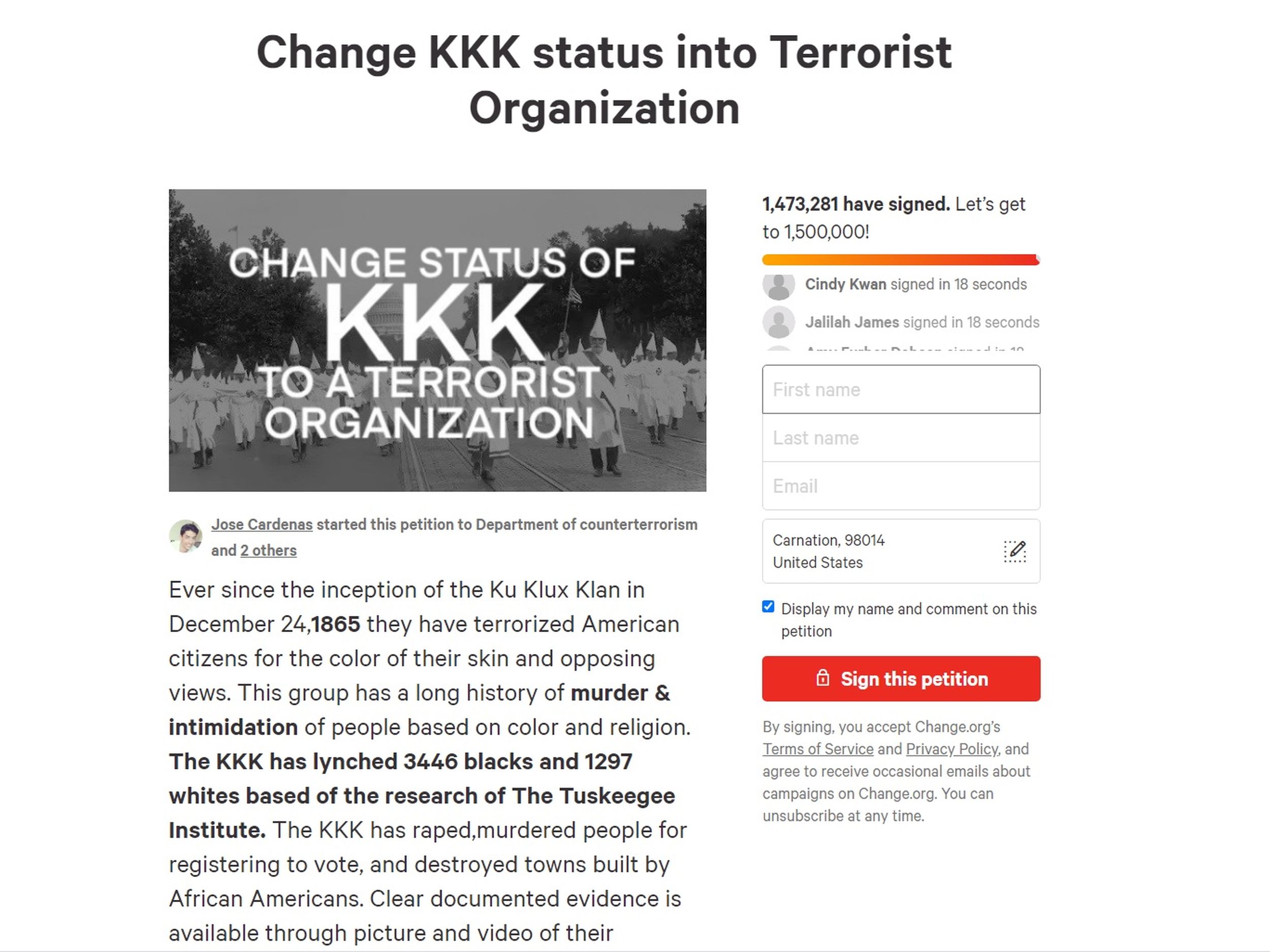 Washington man's petition to call KKK 'terrorist organization