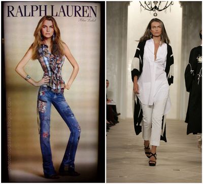 ORG XMIT: NYR103 This combination photo shows, at left,  an undated and digitally altered Ralph Lauren advertisement of model Filippa Hamilton displayed in a Japanese department store and posted on several Web sites, and, at right, a runway photo of Hamilton in New York from Sept. 15, 2006. The former Ralph Lauren model whose image in a roundly criticized advertisement was digitally slenderized said Wednesday Oct. 14, 2009 that the apparel maker did not renew her contract because she was 