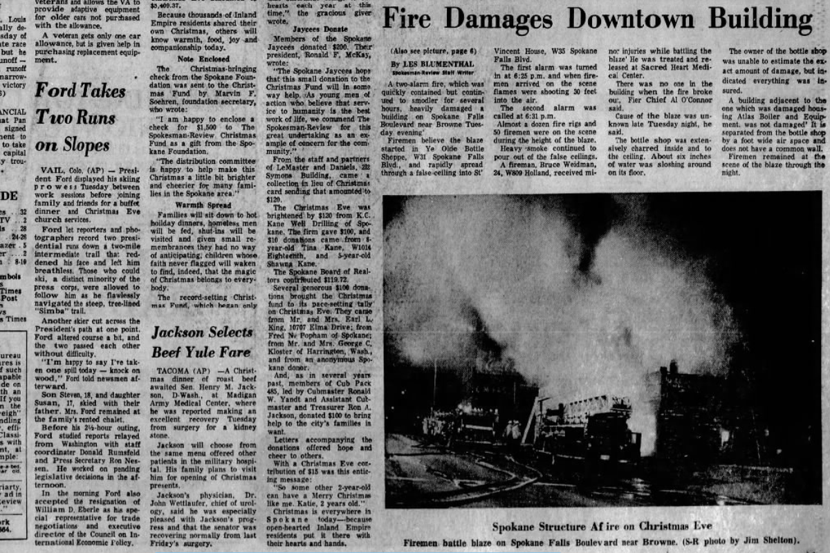 Firefighters battled a Christmas Eve blaze at the Ye Olde Bottle Shoppe at 31 W. Spokane Falls Blvd., The Spokesman-Review reported on Dec. 25, 1974. The fire spread to St. Vincent House, 35 W. Spokane Fall Blvd.  (Spokesman-Review archives)