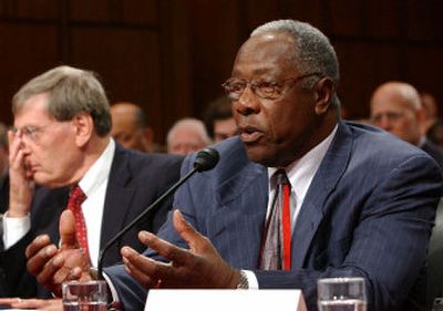 
Hank Aaron, with Commissioner Bud Selig at his left, testifies before the Senate Commerce Committee. 
 (Associated Press / The Spokesman-Review)